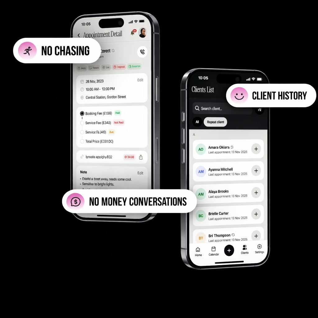LYNXSTA app — appointment detail and client history