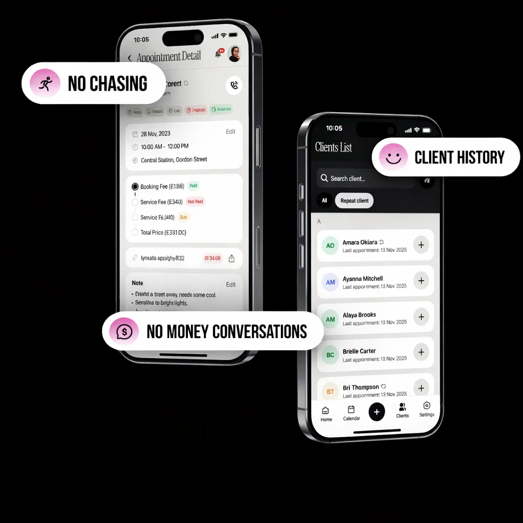 LYNXSTA app — appointment detail and client history
