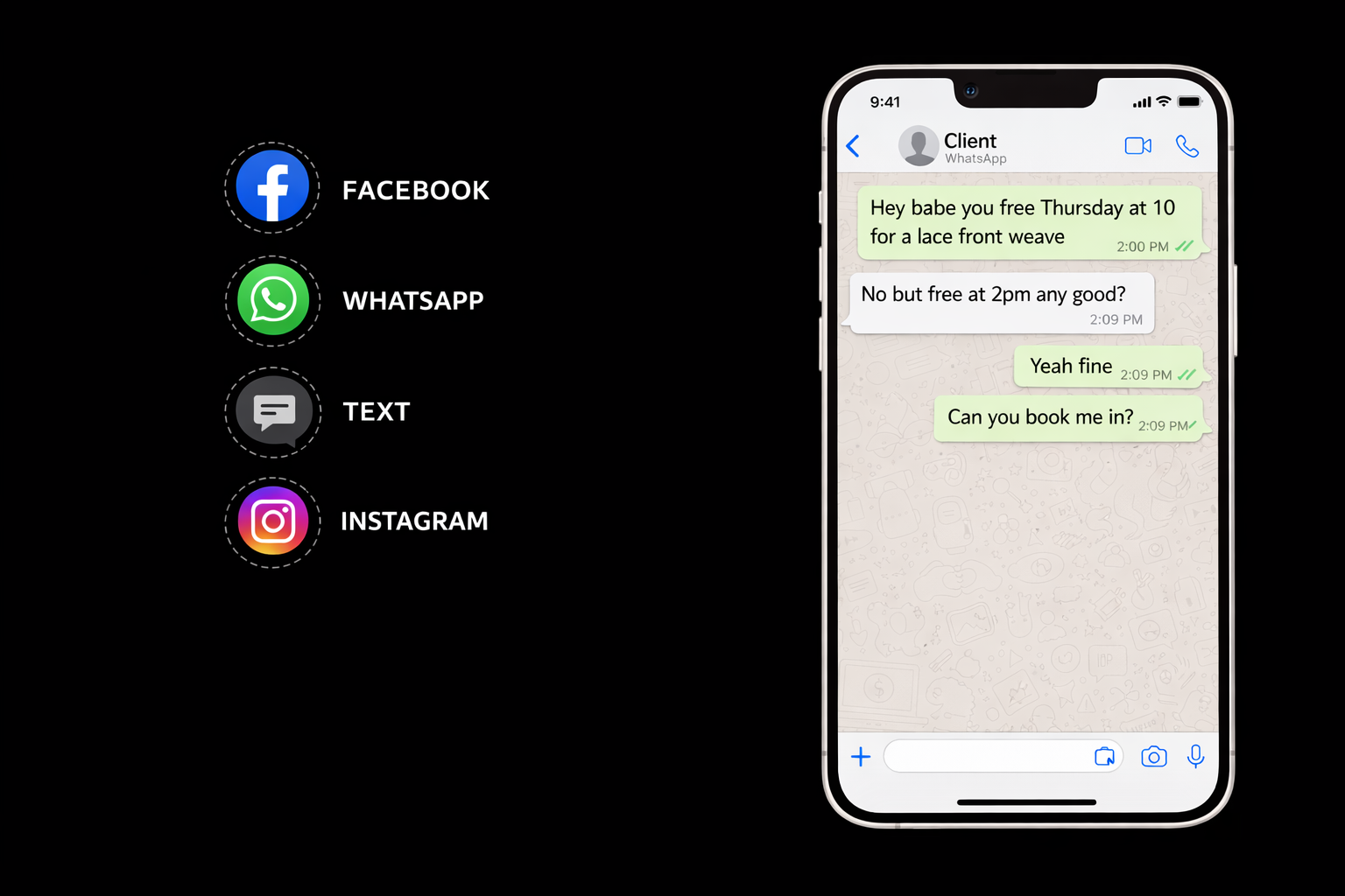 Send booking link via WhatsApp, Facebook, Text or Instagram